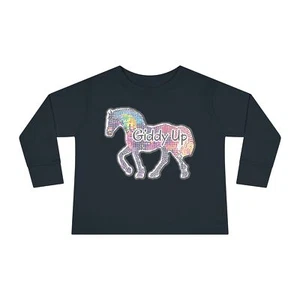 Horse Toddler Long Sleeve Shirt Giddy Up Girls Boys Animal Riding Mustang Tee - Picture 1 of 29