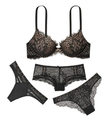 Victoria's Secret Bombshell encaje tachuelas push up sujetador conjunto negro adornado panty Foto 1 de 4