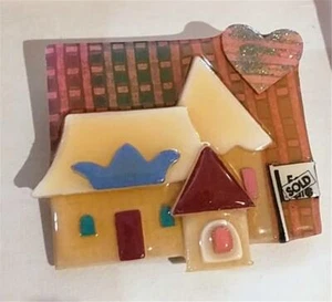 House Pins by Lucinda Artisan Made 4 Sale Sold Sign Glittery City Scape Behind - Picture 1 of 4