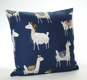 Alpaca  Cushion Cover Cotton Navy Blue Background Same Fabric Front and Back - Picture 1 of 1