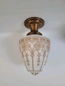 Vtg Art Deco Acorn Flush Mount Milk Glass Globe Light Fixture Stencil Pattern - Picture 1 of 20