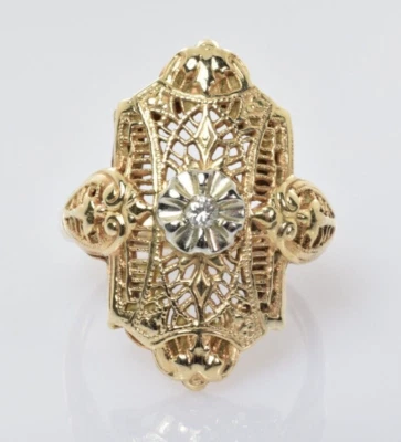 Vintage Diamond Accented Shield Ring in 10k Yellow Gold .02 Carats Size 5.5 - Image 1 of 4