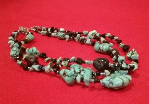 Vintage Blue Turquoise Nuggets W/ Black Stone Beads 3 Multi Strands Necklace - Picture 1 of 8