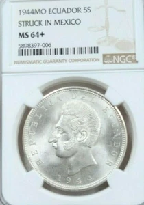 1944 Mo ECUADOR SILVER 5 SUCRES STRUCK IN MEXICO NGC MS 64+ BRIGHT SMOOTH LUSTER - Picture 1 of 5