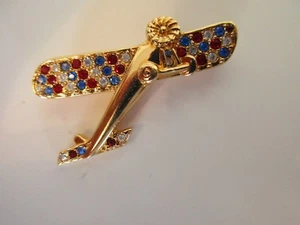 Vtg Brooch Swarovski Signed Swan Red White Blue Crystal Gold Tone Airplane Pin - Picture 1 of 3