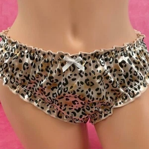 Glossy Brief Panties Silky Taupe Leopard Ruffle Shiny Glam Sissy Knickers XL - Picture 1 of 2