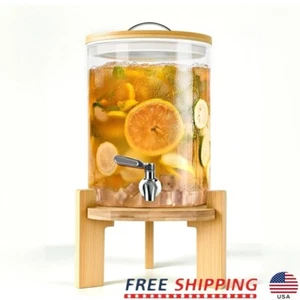 Thickened Glass Beverage Dispenser 2.1 Gal W/ Wood Stand&Stainless Steel Spigot - Picture 1 of 7