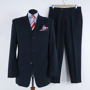 Mens Dark Blue Striped Suit 42L US Size Trousers W34 L30 BURTON Wool 2 Piece - Picture 1 of 19