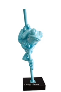Modern Light Blue Lively Frog on Branch Resin Statue 10" x 8" x 28"H - Picture 1 of 11