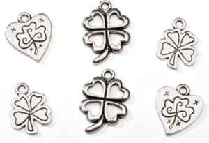 Charm, 12 Antiqued Silver 8-18mm Shamrock Clover Heart Drop Charm Mix * - Picture 1 of 1