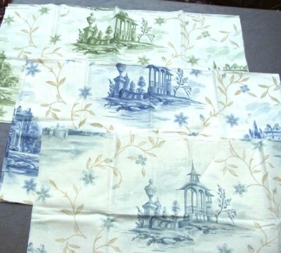 Toile Print Linen Fabric Samples 3 Colors Aqua Blue Green 14x26 Lot of 6 Pcs - Image 1 of 4