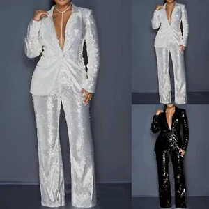 2Piece Suit Sets Women Outfits Pants Set Sequin Notch Lapel Jacket Formal Suits - Picture 1 of 21