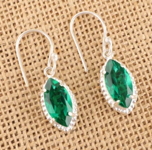 Lab-Created Emerald Green Gemstone Handmade 925 Sterling Silver Earrings CG - Picture 1 of 8