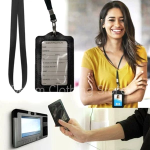 2 Pack Vertical PU Leather ID Badge Card Holder Removable Neck Lanyard Strap Lot - Picture 1 of 7