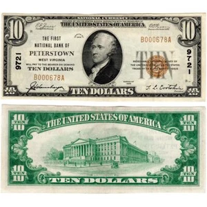 Scarce 1929 Type 1 $10 First National Bank of Peterstown, WV Charter 9721 - VF - Picture 1 of 1