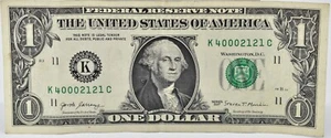 Billete de 1 dólar de la Reserva Federal de Estados Unidos 2017 Dallas número de serie elegante K40002121C - Imagen 1 de 2