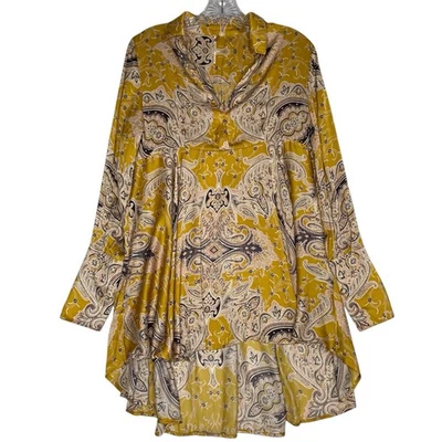 Free People Tunic Mini Dress S Paisley Satin Yellow Long Sleeve High Low Boho - Imagem 1 de 4