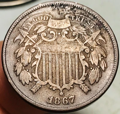 1867 Two Cent Piece 2C Ungraded Post Civil War Date US Copper Coin CC28142 - Image 1 of 4