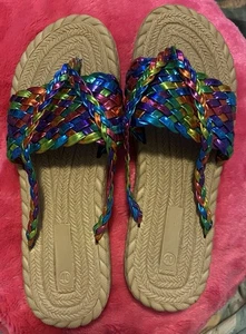 Multicolor Iridescent Flip Flops Size 7 Colorful Summertime Sandals - Picture 1 of 8