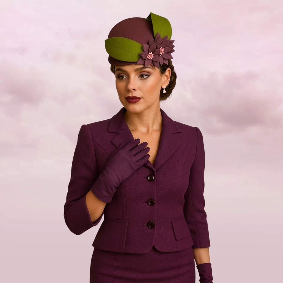 Sombrero Fascinator Raceday - Fieltro Morado Floral con Detalle de Hoja Verde, Cabeza Elegante Foto 1 de 4