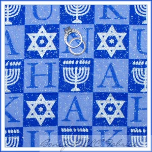 BonEful Fabric FQ Cotton Quilt Block Hanukkah Blue Silver Candle Glitter Jewish - Picture 1 of 12