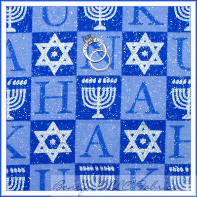 BonEful Fabric FQ Cotton Quilt Block Hanukkah Blue Silver Candle Glitter Jewish - Image 1 of 4