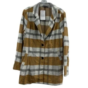 NWT Pretty Garden Women's M Brown Basic Plaid Shacket Wool Trench Coat Jacket  - Picture 1 of 5