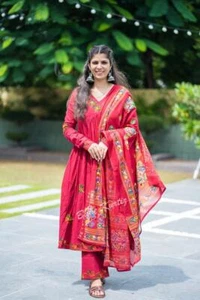 Weeding/Party Wear Pure Cotton Anarkali Kurta With Pant And Dupatta Set, Dresses - Picture 1 of 6
