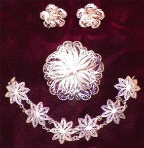 Silberdraht Drahtarbeit Armband Blume Pin & Ohrringe JAV Mexico schön Vintage - Bild 1 von 11