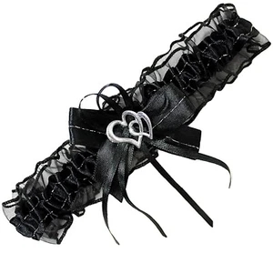 Braut-Strumpfband mit Silbernaht 2 Herzchen und Schleifen in schwarz S- XXL EU - Bild 1 von 1