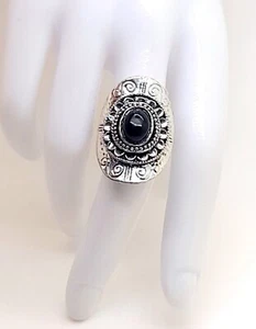 R001 Anello Vintage Retrò Tibet Esotico Tribale Nero Forma Ovale Regolabile Moda - Foto 1 di 10