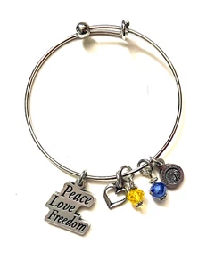 Ukraine Peace Love Freedom Charm Bracelet Yellow Blue Charms Made in USA - Picture 1 of 2