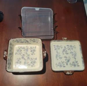 Temptations By Tara Blue Floral Lace 4 Pc Square Casserole Dish Rack Tray Lid - Picture 1 of 7