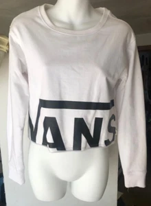 Vans Womens Long Sleeve Cropped Top T-Shirt / White / with Logo - Picture 1 of 4