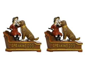 Antique Vintage Style Cast Iron Mechanical Speaking Dog Money Bank 2 Pc - Picture 1 of 6