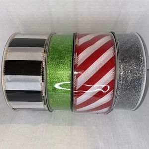 Christmas Wired Ribbon Black / White Stripes, Green, Red / White, Silver 4 Rolls - Picture 1 of 8