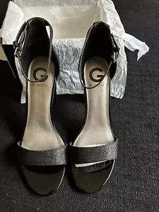 G By Guess Women’s SHANTEL3 Black Sparkle Ankle Strap Stacked Heel Sz 8M NIB - Picture 1 of 7