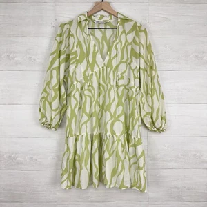 Zara Printed Babydoll Dress S Green Balloon Sleeves Tiered Mini V Neck Tie Fall - Picture 1 of 15