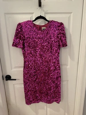Leslie Fay 100% Silk Women's Sz 12 Pink Sequin Short-Sleeved Evening Party Dress - Image 1 of 4