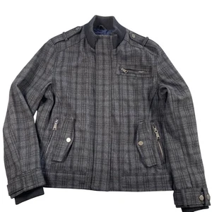 INC International Concepts Coat Mens Large Charcoal Plaid Wool Blend Military - Picture 1 of 9