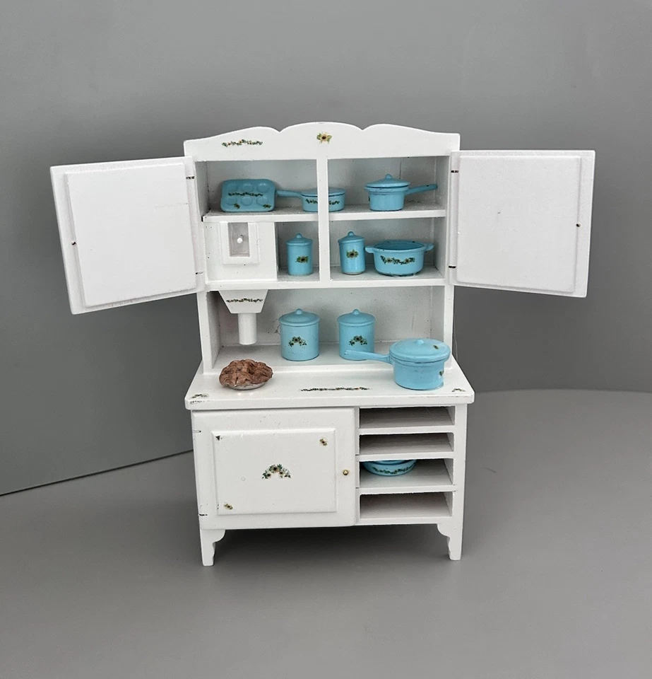 Dollhouse Miniature White Farmhouse Hoosier Cabinet Blue Pots Pans Dishes & Pie - Image 1 of 4