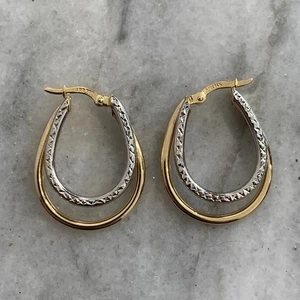 Italian Two Tone Textured Double Hoop Earrings 14ct 585 Yellow Gold - Imagen 1 de 11