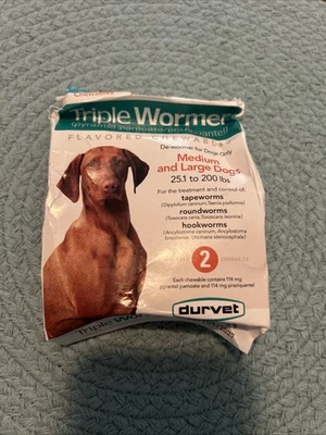 Triple Wormer Medium/Large Dogs 25-200 Lbs 2 Chewable Tablets GREEN-2 Box Damage - Image 1 of 4