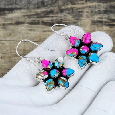 Подарки ювелирные изделия ручной работы серьги серебро 925 пробы хлопок конфеты бирюза цветочный узор - Изображение 1 из 4