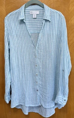 C&C California Womens100% Linen Button Up Shirt Tunic Blue White  Abalone Sz M - Image 1 of 4
