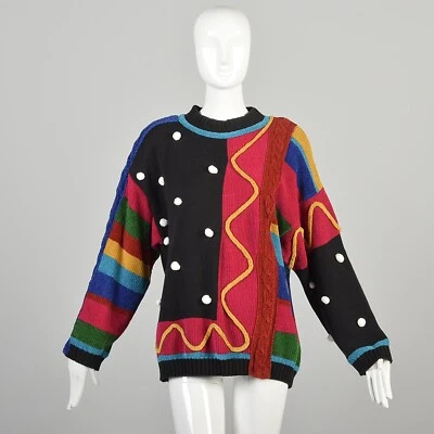 Suéter Tejido Terciopelo Difuso Grande/XL Años 80 Funky Patrón Mixto Bloques de Color Suéter Foto 1 de 4