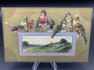 NEW YEAR BIRDS - vintage Victorian holiday postcard, unused - Picture 1 of 2