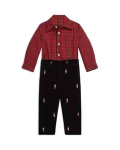 Ralph Lauren Jungen kariertes Hemd & Nussknacker bestickt Samt Hose Set 18M $ 250 - Bild 1 von 6