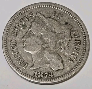 1874 3CN Three Cent Coin 🇺🇸 US Mint [ F Fine ] - Picture 1 of 4