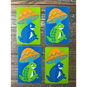 Juego de 4 tarjetas de rana hongo de colección Groovy psicodélico naranja azul verde efímeras - Imagen 1 de 3